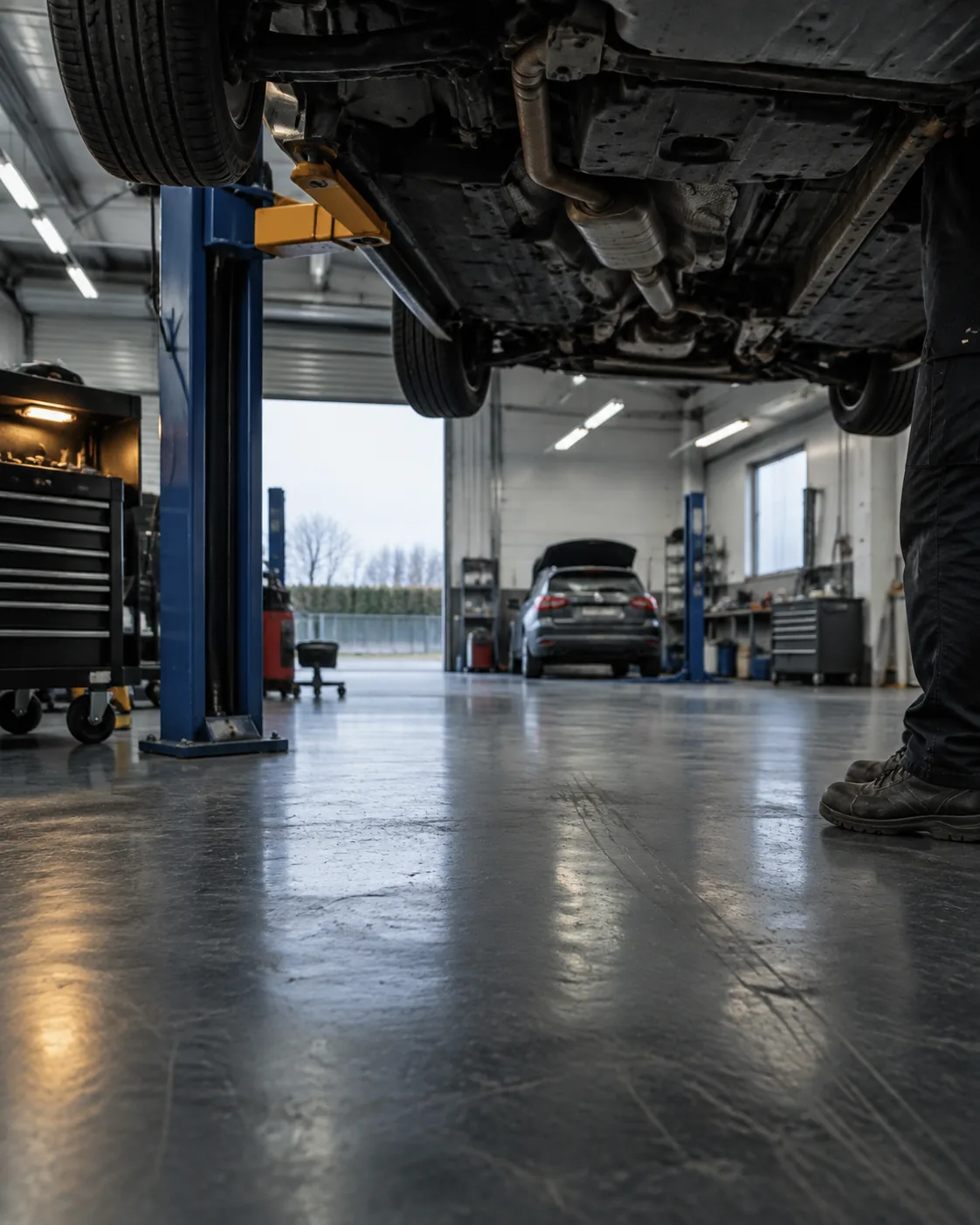 A car raised on a two-post lift, seen from the workshop floor