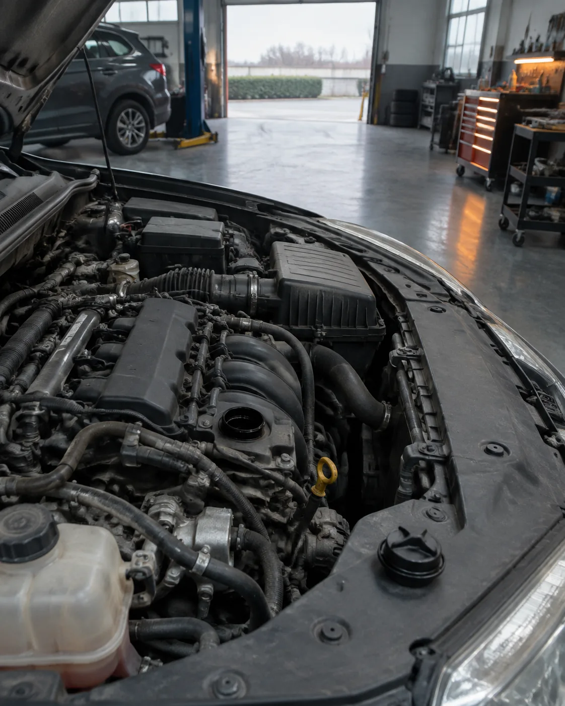 An open engine bay photographed from above with the oil filler cap set aside