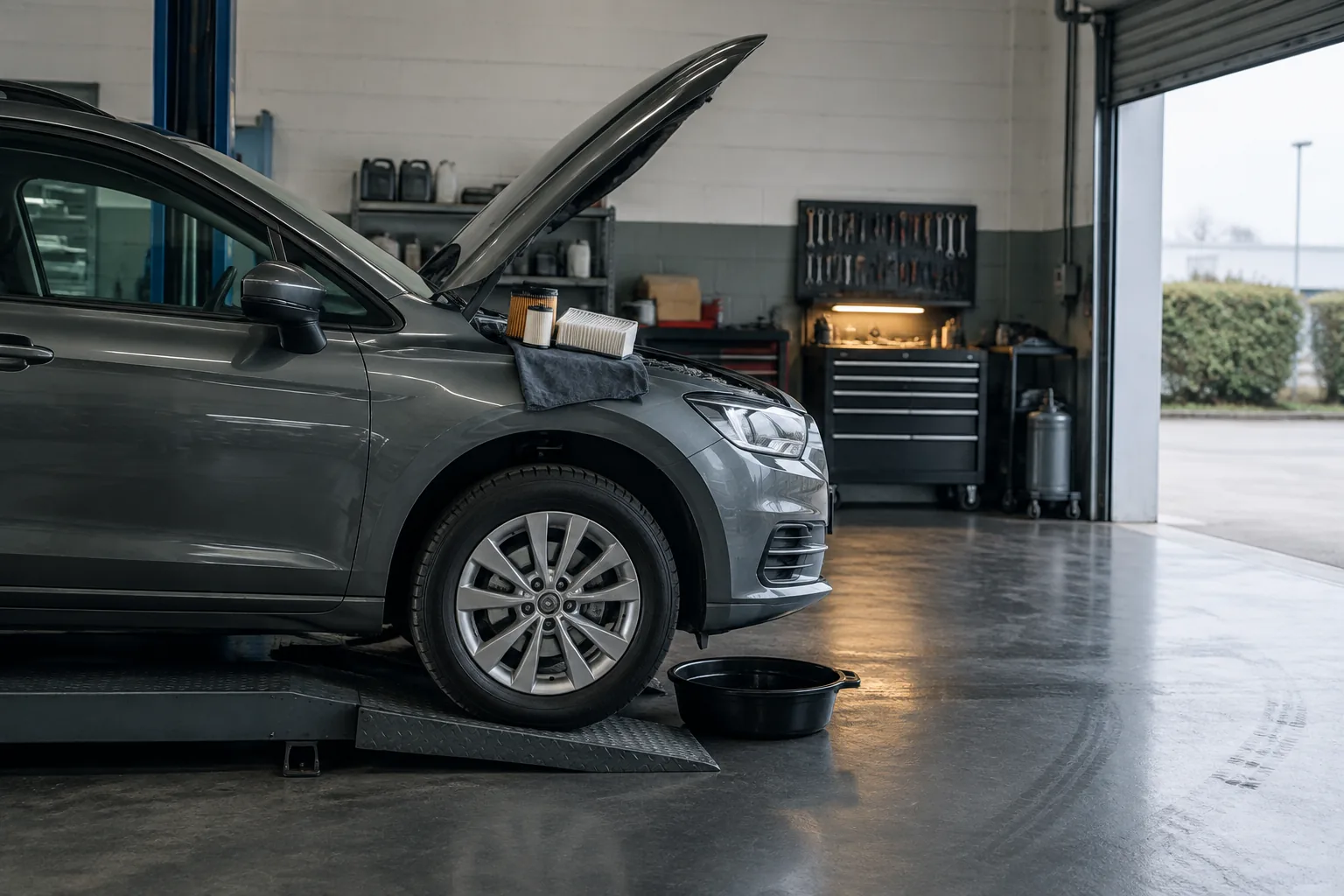 A car on a low ramp with the bonnet open and a drain pan beneath the sump