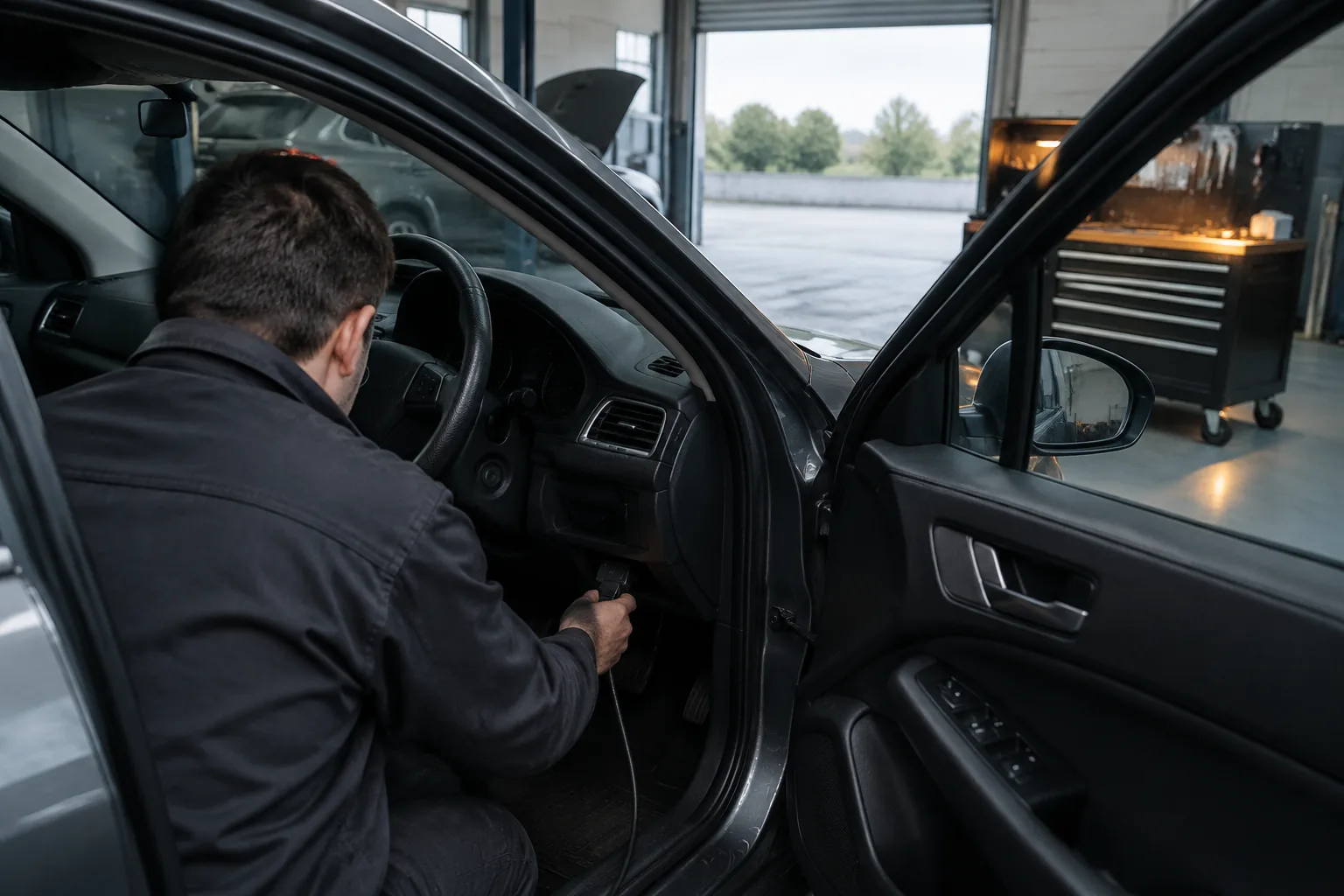 A diagnostic lead being plugged into the socket under a car dashboard