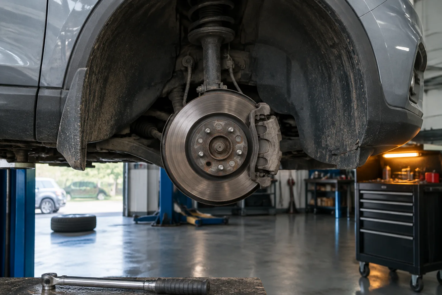 A brake disc and caliper inside an open wheel arch