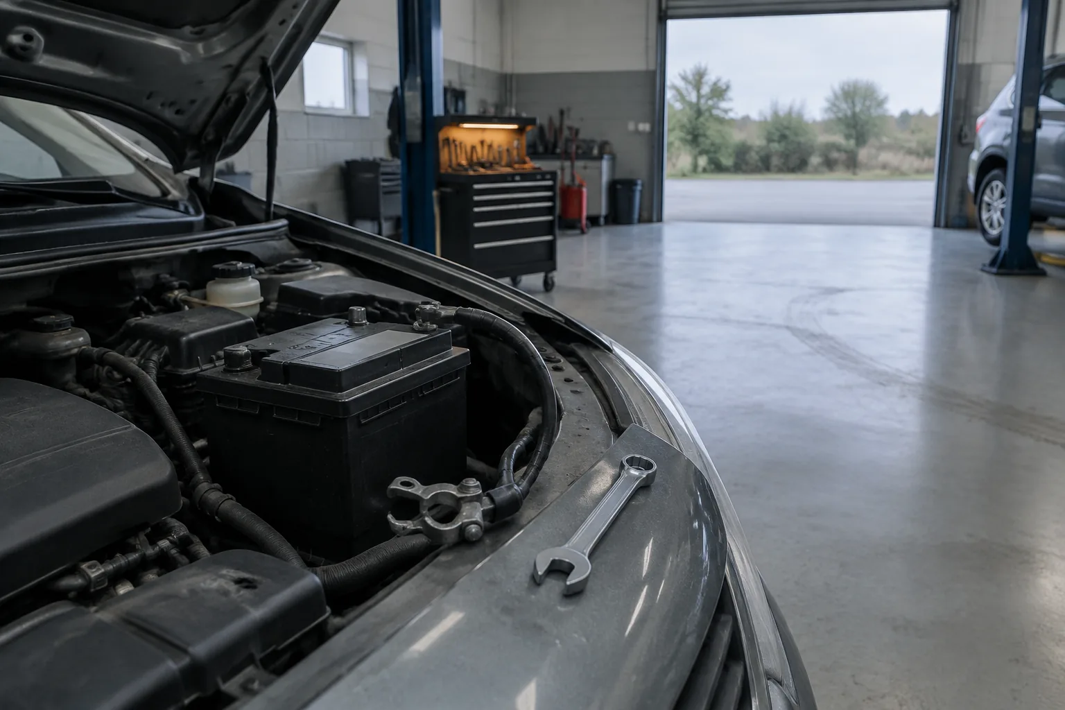 A car battery in its tray with the negative clamp lifted clear