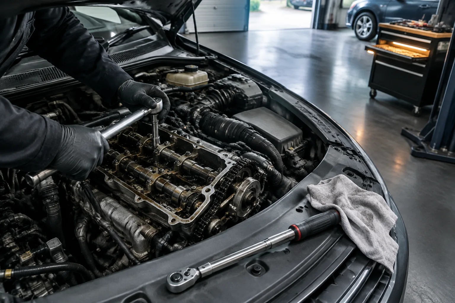A ratchet handle turning a bolt at the top of an open engine