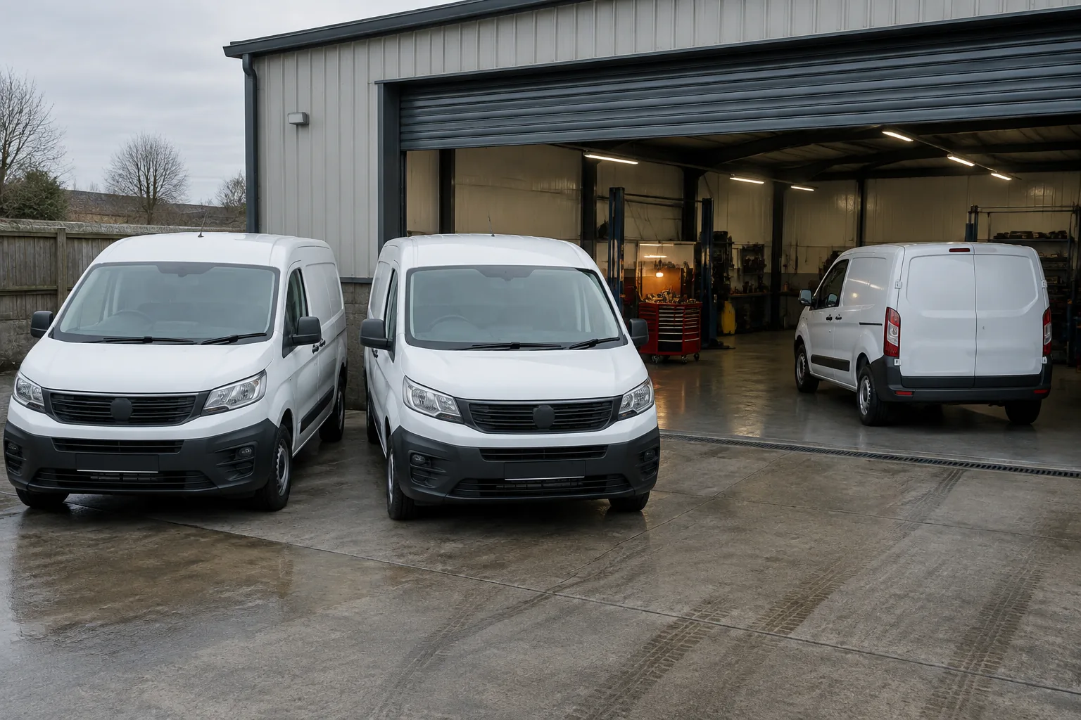 Two unbranded light commercial vans on a concrete apron