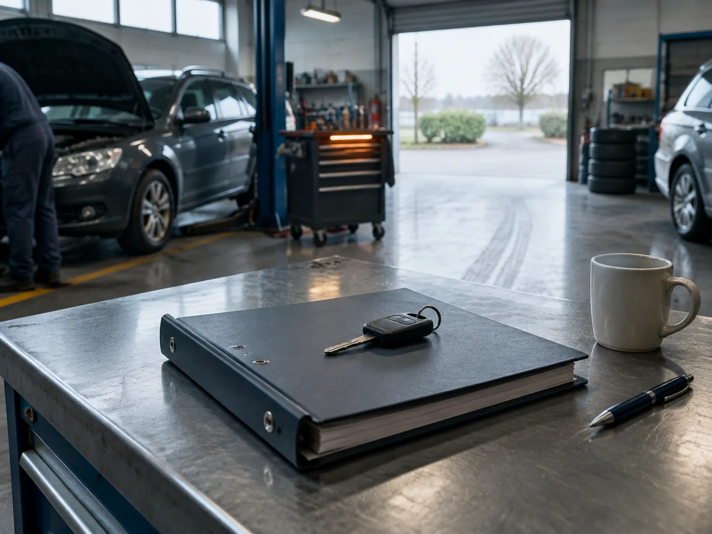 A ring binder and a car key lying on a workshop bench