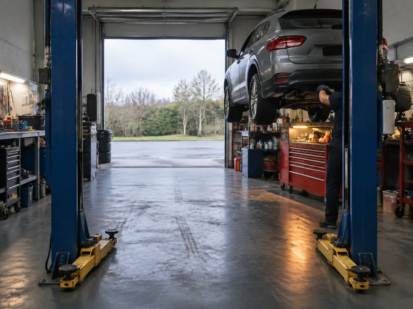 A raised car seen down the length of a lift bay from between the posts