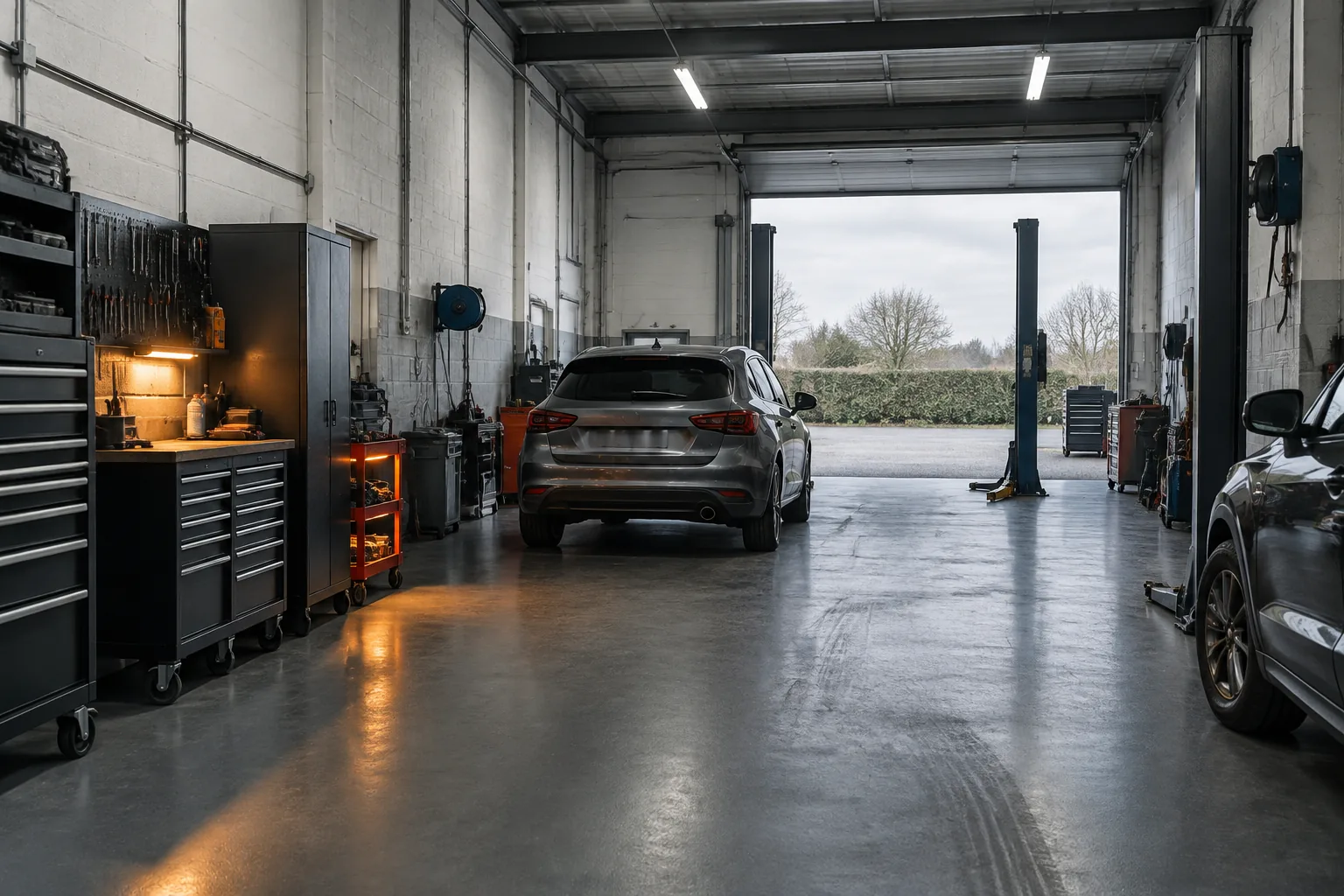 A workshop bay seen from the roller door with tool cabinets along the wall