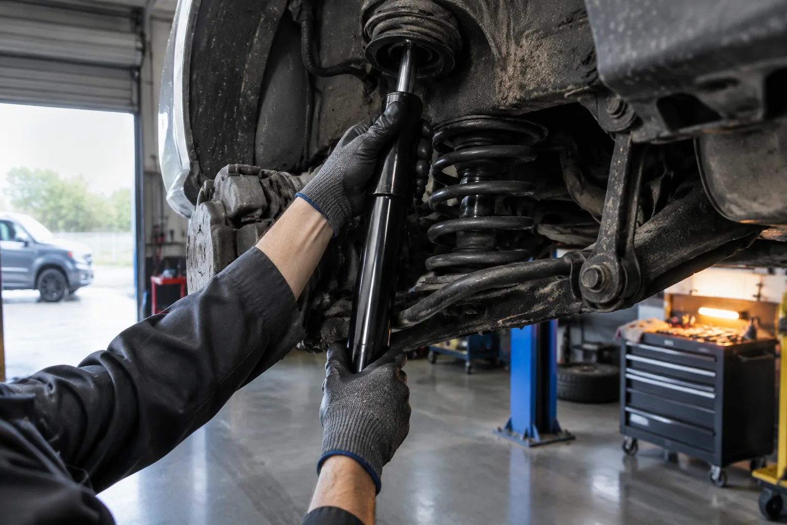 Gloved hands guiding a shock absorber into its turret