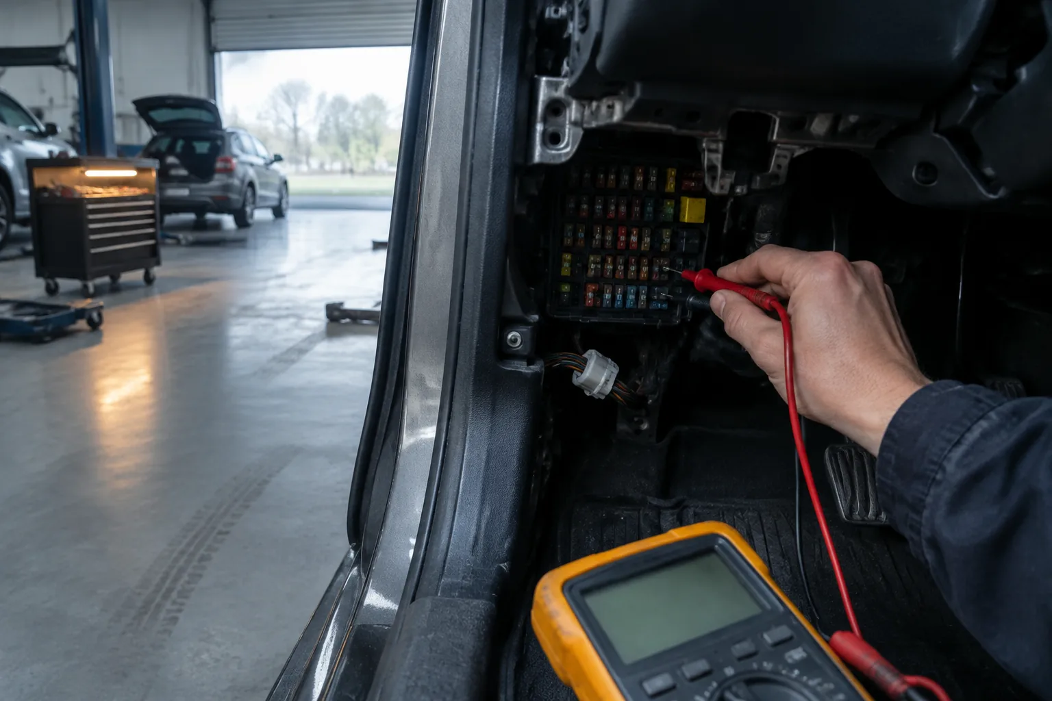 Multimeter probes held among the fuses in a car footwell