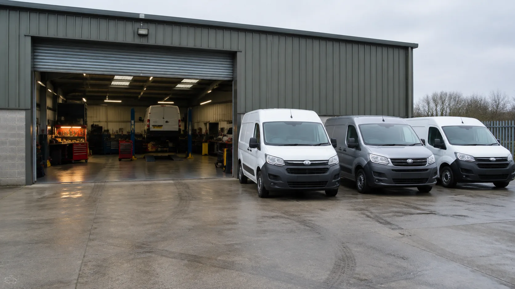 Three unbranded vans parked nose-out in front of a workshop unit