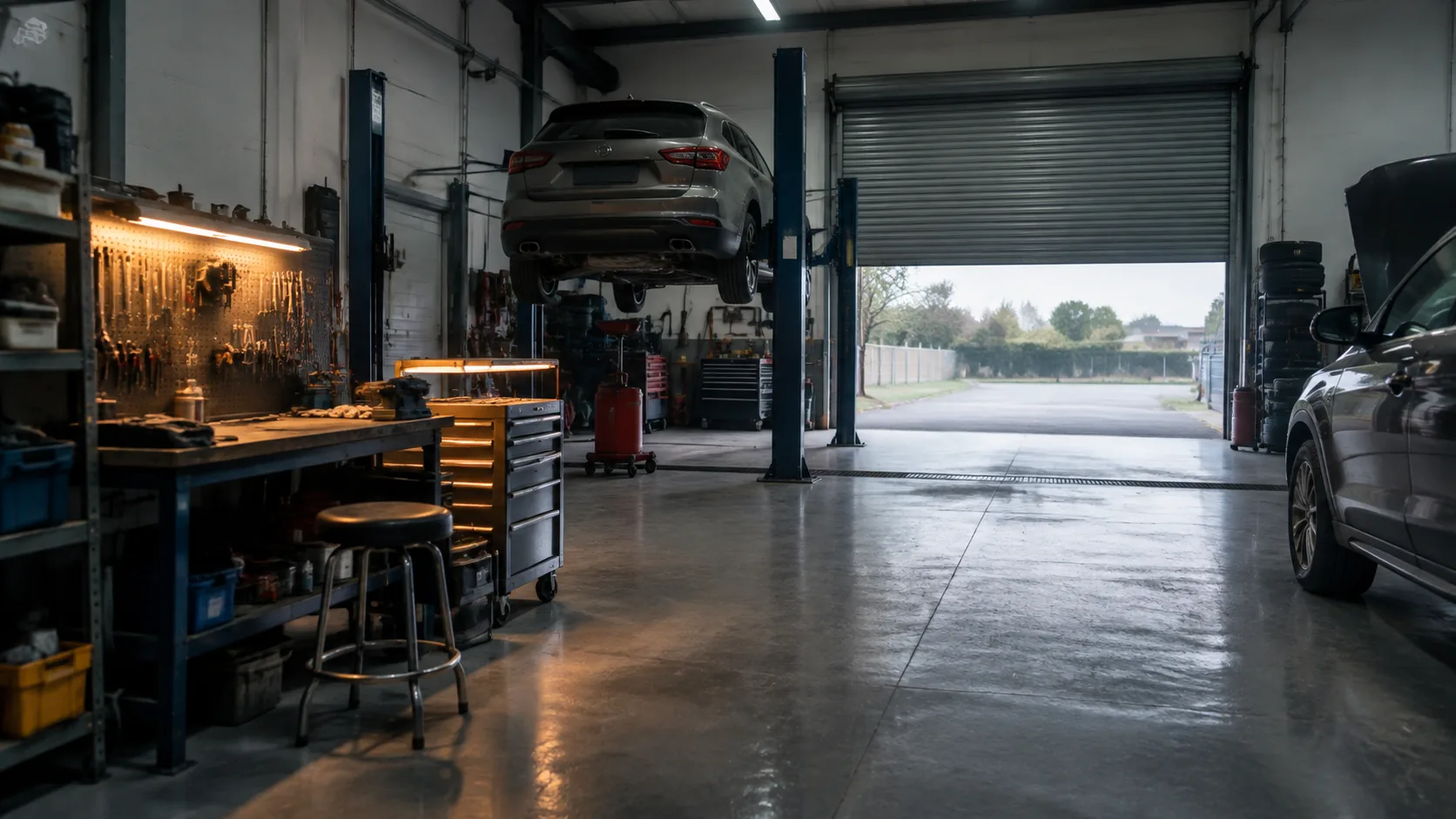 An empty workshop at the end of the day with a single lamp lit