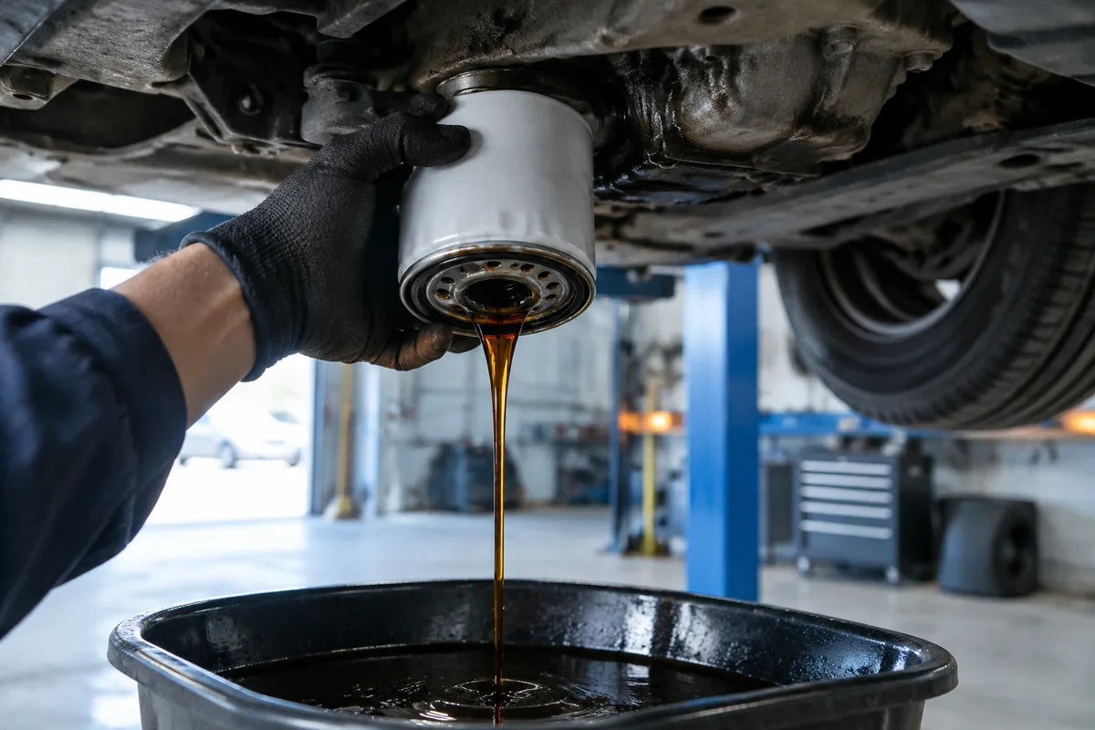 Oil filter being replaced over a drain tray beneath a raised car