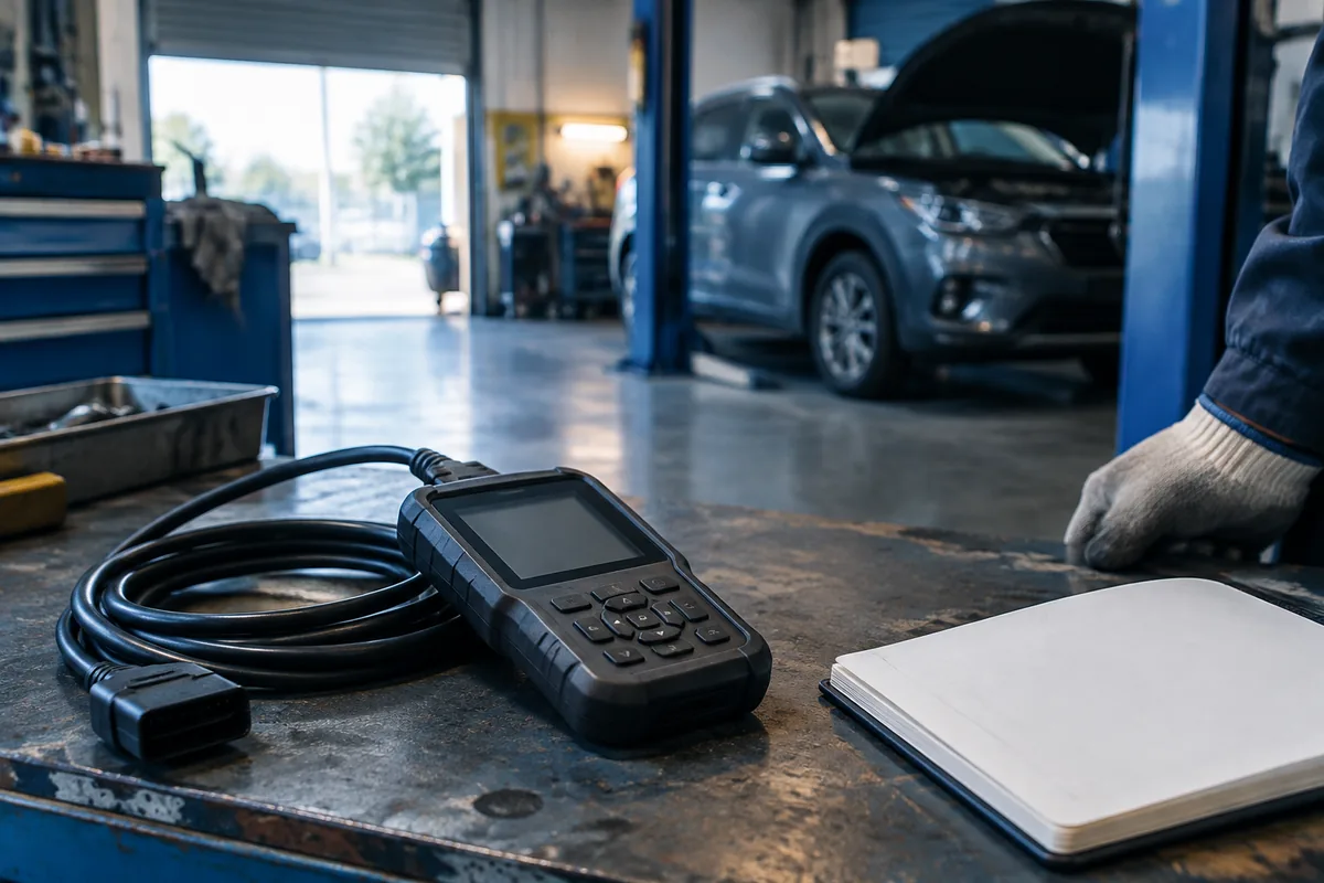 Diagnostic reader and cable on a workshop bench
