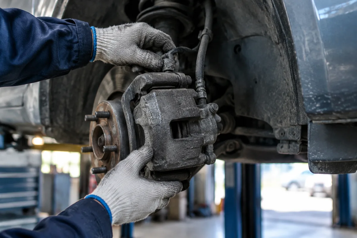 Brake caliper and hose being inspected under a raised car
