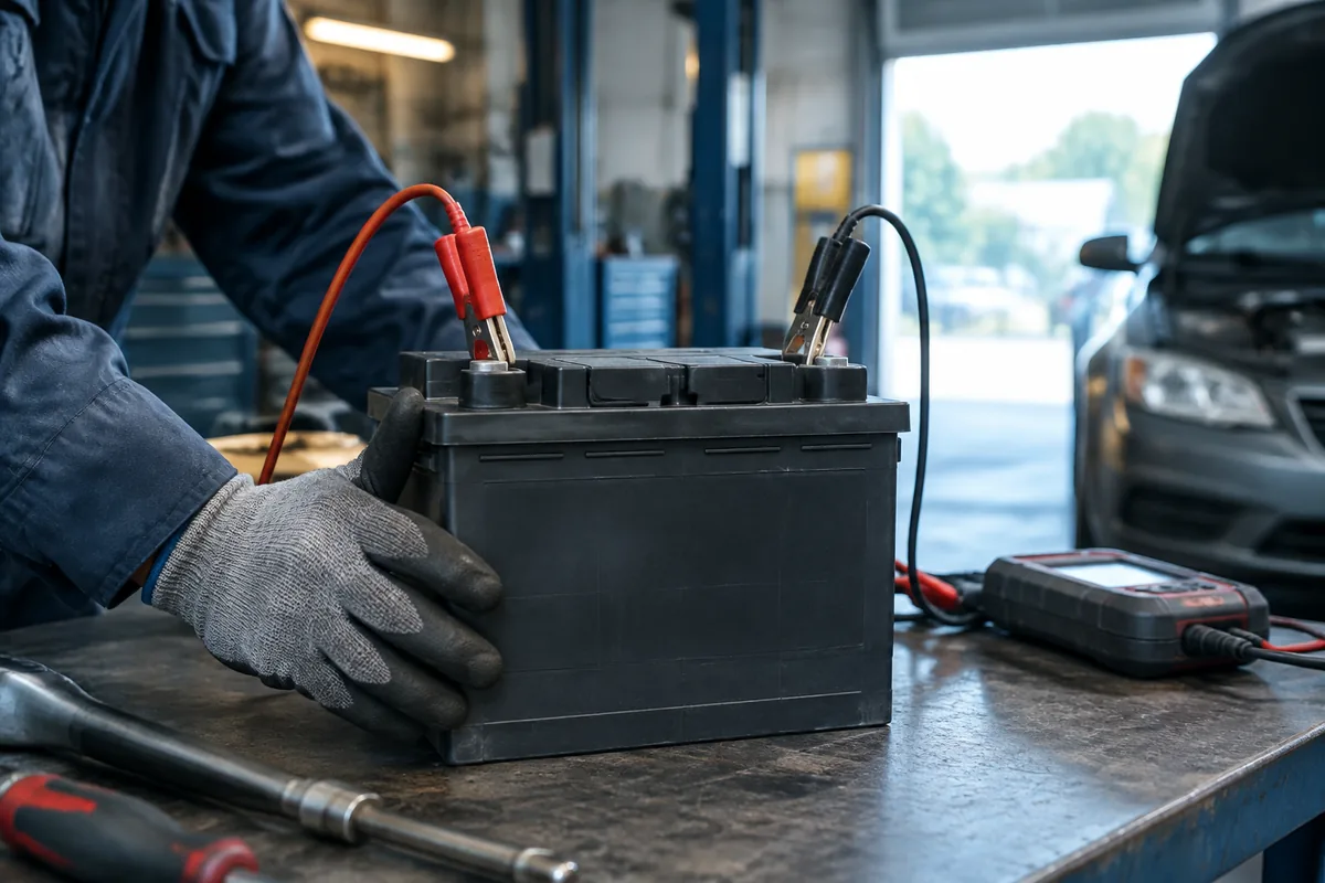 Car battery on a bench with test leads clipped to its terminals