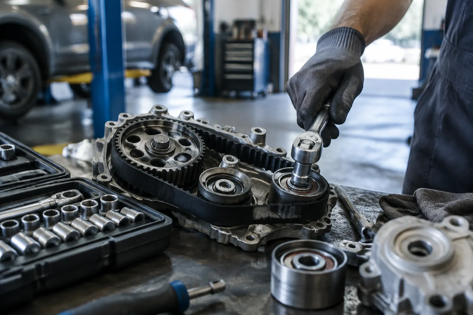 Timing belt and pulley assembly on a workbench beside a socket set