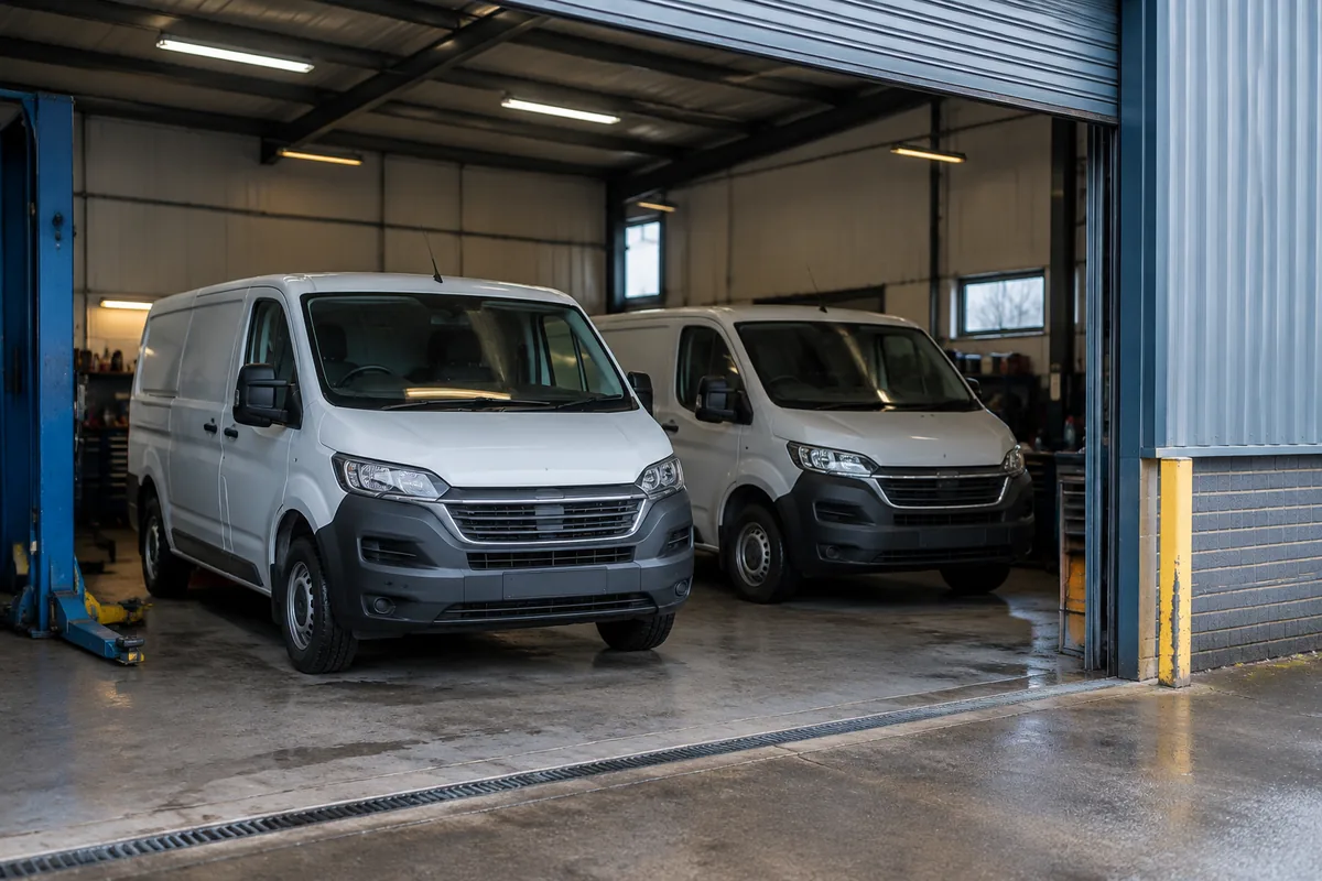 Two vans parked beside the open roller door of a workshop unit