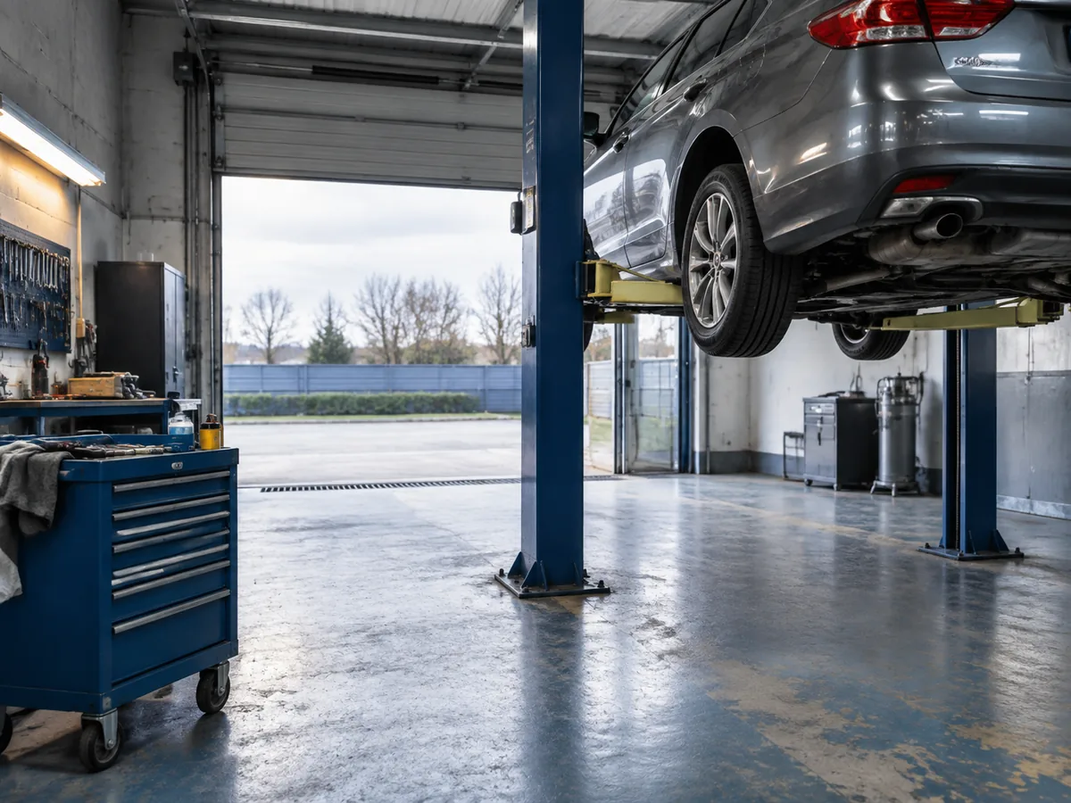 Single-bay workshop with a car raised on a two-post lift