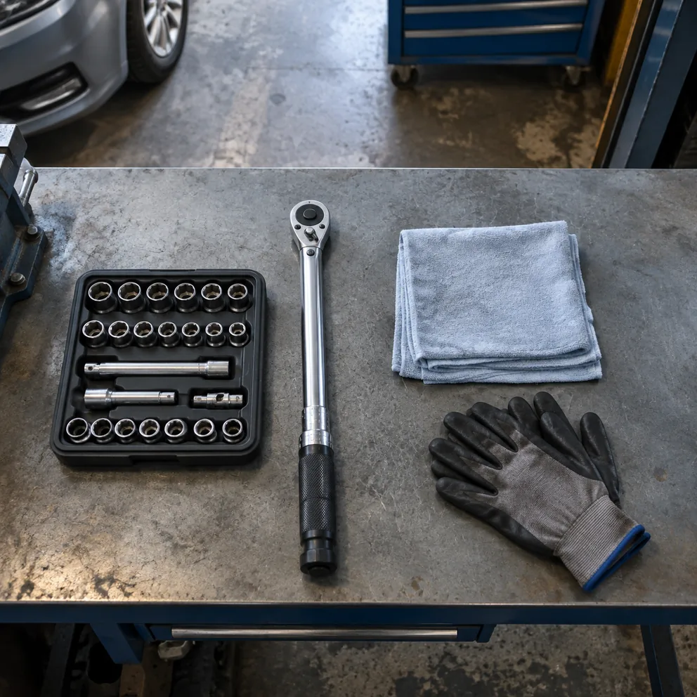 Workbench with a torque wrench, sockets and gloves laid out