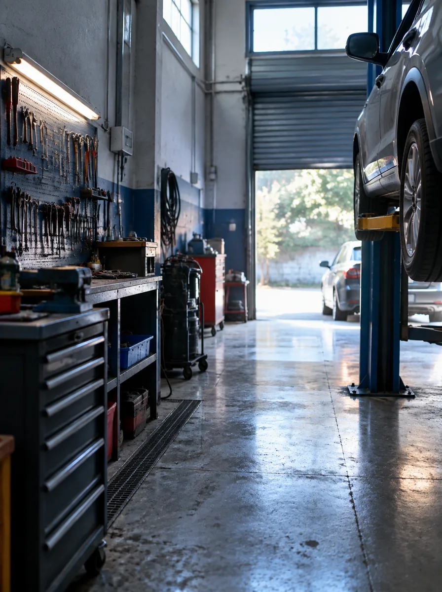 Workshop aisle between a tool wall and a car on a lift