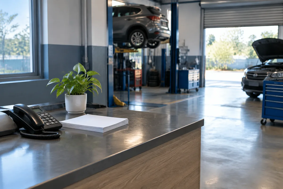 Workshop reception counter with a telephone and paperwork