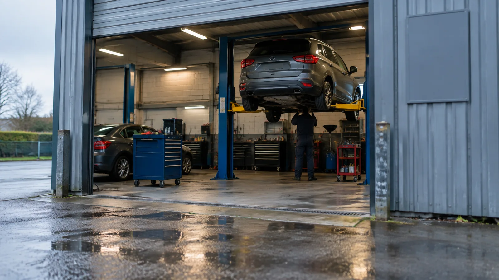 View through an open roller door into a car workshop